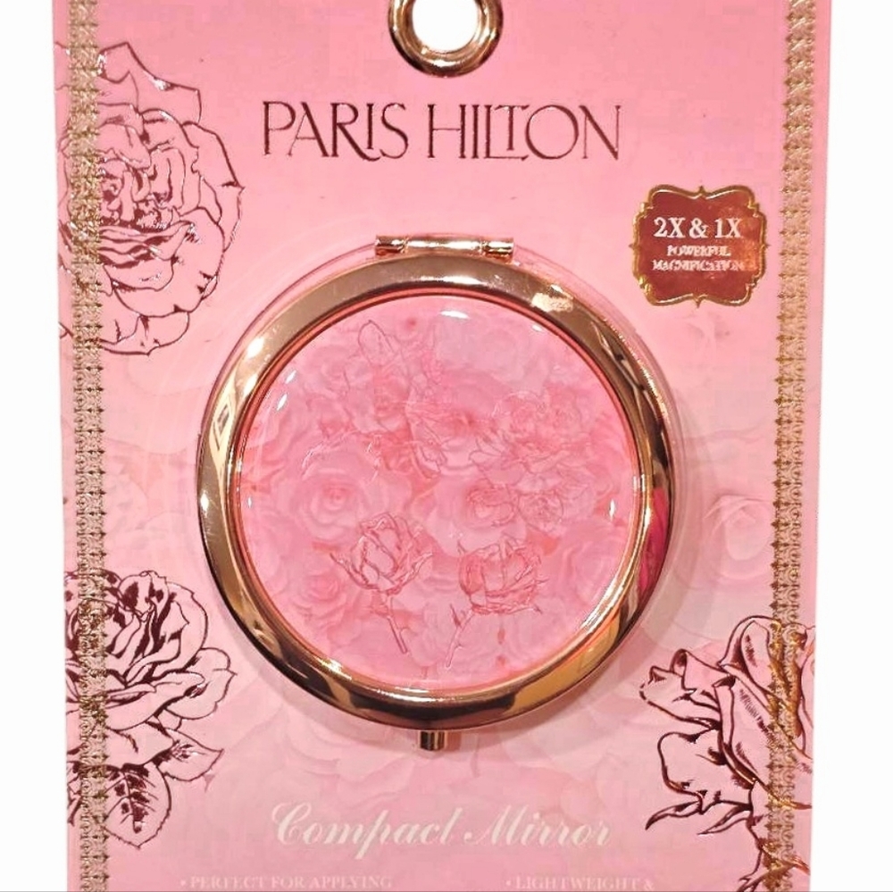 Paris Hilton 1-2X Magnification Floral Etched Compact Mirror w/Gold Trim